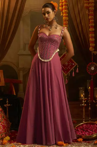 Pink georgette embroidered corset top with palazzo