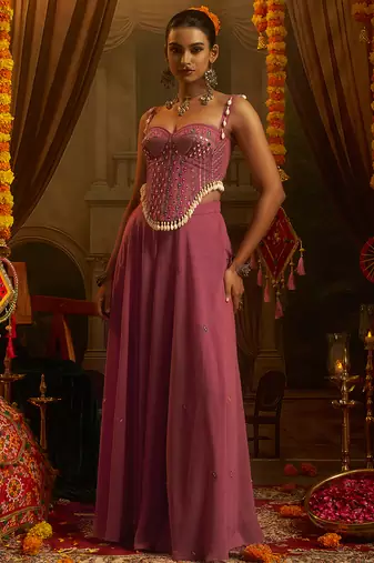 pink georgette embroidered corset top with palazzo