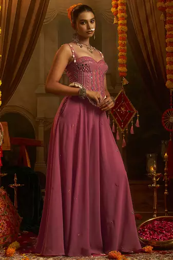 pink georgette embroidered corset top with palazzo