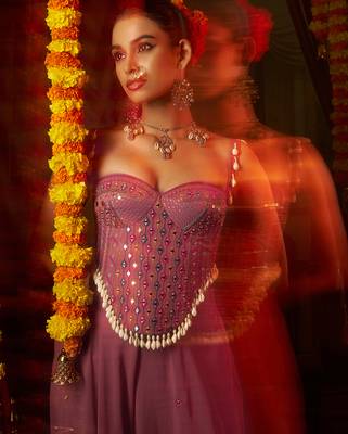 pink georgette embroidered corset top with palazzo 4