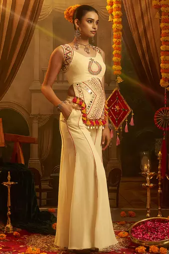 cream georgette embroidered top with palazzo