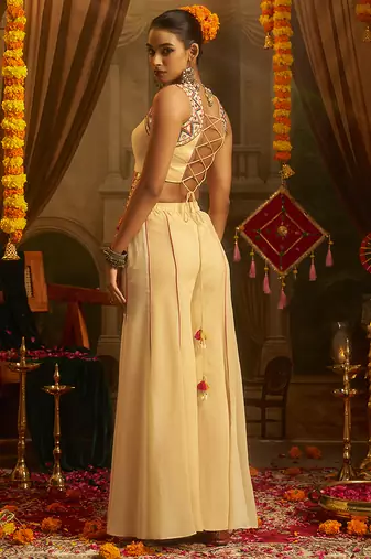 cream georgette embroidered top with palazzo
