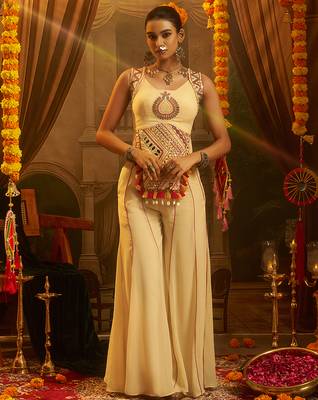 cream georgette embroidered top with palazzo 5