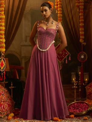pink georgette embroidered corset top with palazzo 5