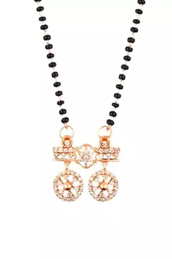18k rose gold plated traditional single line american diamond pendant with black bead chain mangalsutra for women 