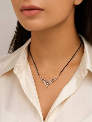 18k rose gold plated traditional single line american diamond pendant with black bead chain mangalsutra for women  1