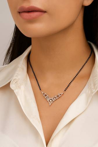 18k rose gold plated traditional single line american diamond pendant with black bead chain mangalsutra for women 