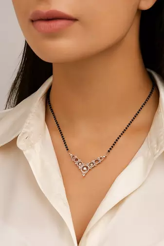 18k rose gold plated traditional single line american diamond pendant with black bead chain mangalsutra for women 