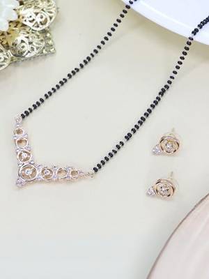 18k rose gold plated traditional single line american diamond pendant with black bead chain mangalsutra for women  2