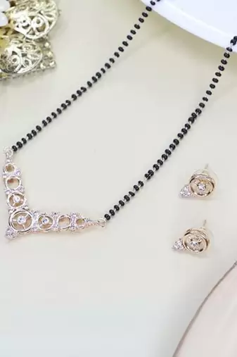18k rose gold plated traditional single line american diamond pendant with black bead chain mangalsutra for women 