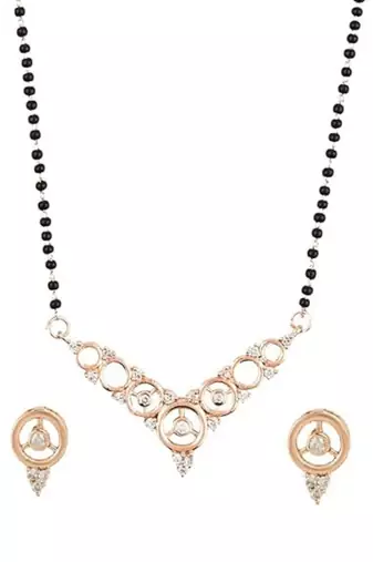 18k rose gold plated traditional single line american diamond pendant with black bead chain mangalsutra for women 