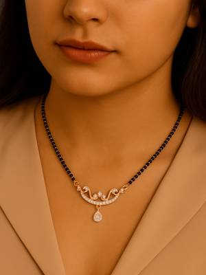 18k rose gold plated traditional single line american diamond pendant with black bead chain mangalsutra for women  1