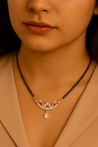 18k rose gold plated traditional single line american diamond pendant with black bead chain mangalsutra for women (d101)
