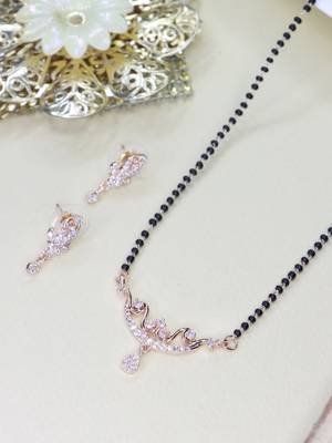 18k rose gold plated traditional single line american diamond pendant with black bead chain mangalsutra for women  2