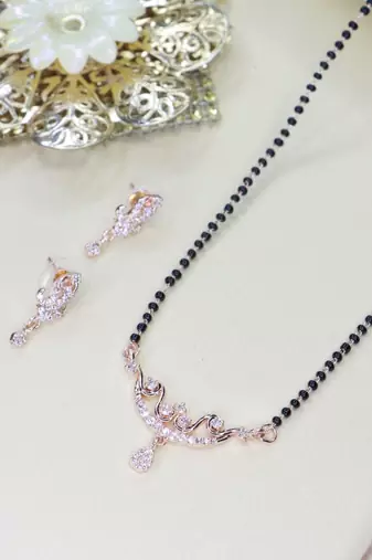 18k rose gold plated traditional single line american diamond pendant with black bead chain mangalsutra for women 