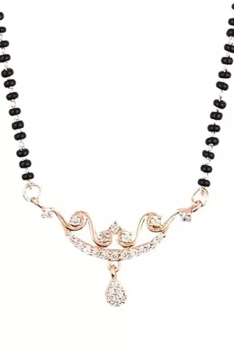 18k rose gold plated traditional single line american diamond pendant with black bead chain mangalsutra for women 