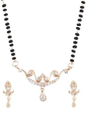 18k rose gold plated traditional single line american diamond pendant with black bead chain mangalsutra for women  5