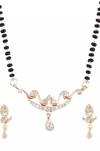 18k rose gold plated traditional single line american diamond pendant with black bead chain mangalsutra for women 