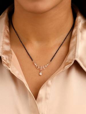 Rose gold plated traditional single line american diamond pendant with black bead chain mangalsutra for women  1