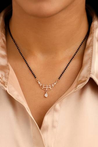Rose gold plated traditional single line american diamond pendant with black bead chain mangalsutra for women 