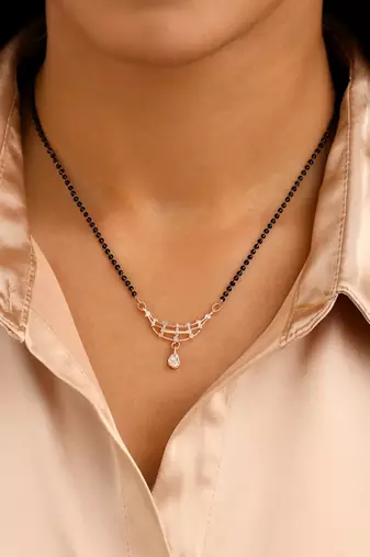 Rose gold plated traditional single line american diamond pendant with black bead chain mangalsutra for women 