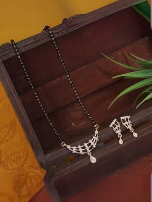 Rose gold plated traditional single line american diamond pendant with black bead chain mangalsutra for women  2