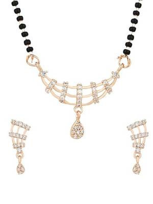 Rose gold plated traditional single line american diamond pendant with black bead chain mangalsutra for women  3