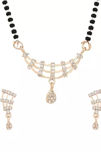 Rose gold plated traditional single line american diamond pendant with black bead chain mangalsutra for women 