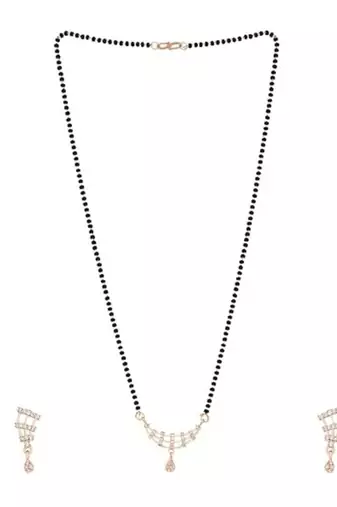 Rose gold plated traditional single line american diamond pendant with black bead chain mangalsutra for women 