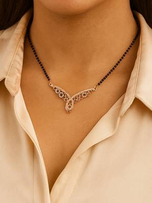Rose gold plated traditional single line american diamond pendant with black bead chain mangalsutra for women  1