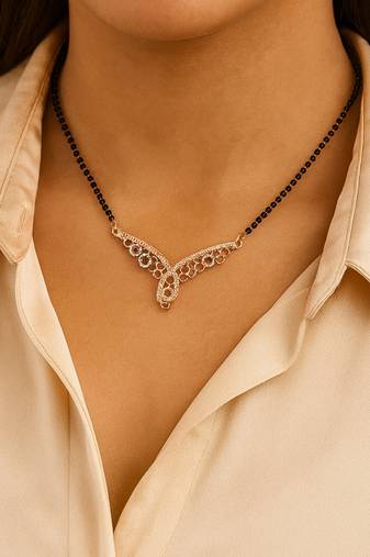 Rose gold plated traditional single line american diamond pendant with black bead chain mangalsutra for women 