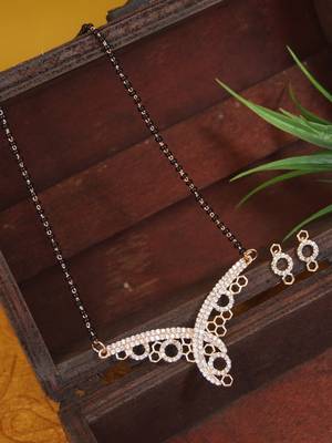 Rose gold plated traditional single line american diamond pendant with black bead chain mangalsutra for women  2