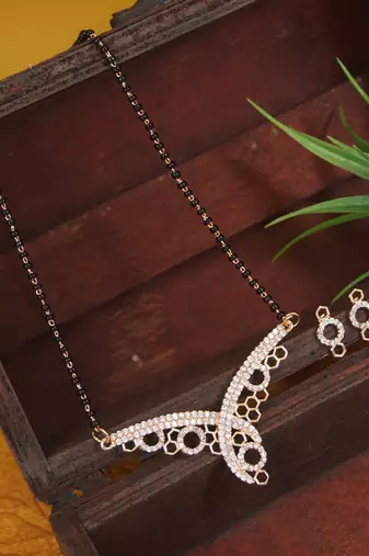 Rose gold plated traditional single line american diamond pendant with black bead chain mangalsutra for women 