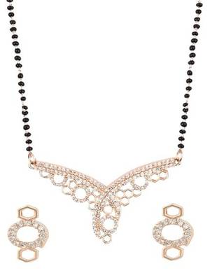 Rose gold plated traditional single line american diamond pendant with black bead chain mangalsutra for women  3