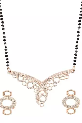 Rose gold plated traditional single line american diamond pendant with black bead chain mangalsutra for women 