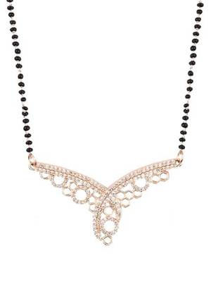 Rose gold plated traditional single line american diamond pendant with black bead chain mangalsutra for women  4