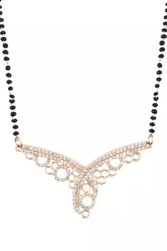 Rose gold plated traditional single line american diamond pendant with black bead chain mangalsutra for women 