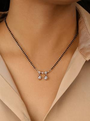 Rose gold plated traditional single line american diamond pendant with black bead chain mangalsutra for women  1