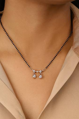 Rose gold plated traditional single line american diamond pendant with black bead chain mangalsutra for women (d104)