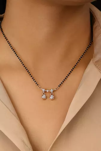 Rose gold plated traditional single line american diamond pendant with black bead chain mangalsutra for women 