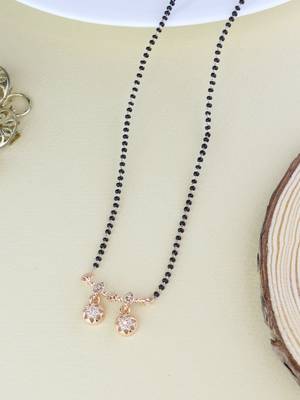 Rose gold plated traditional single line american diamond pendant with black bead chain mangalsutra for women  2