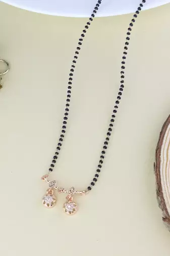 Rose gold plated traditional single line american diamond pendant with black bead chain mangalsutra for women 