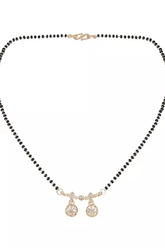 Rose gold plated traditional single line american diamond pendant with black bead chain mangalsutra for women 