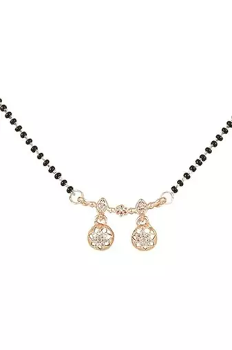 Rose gold plated traditional single line american diamond pendant with black bead chain mangalsutra for women 