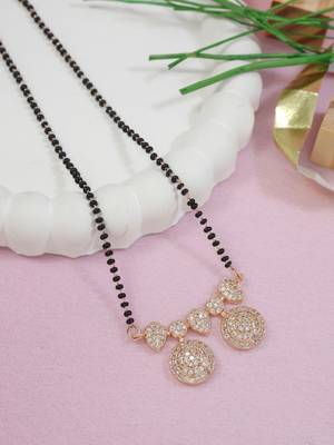 Rose gold plated traditional single line american diamond pendant with black bead chain mangalsutra for women  1