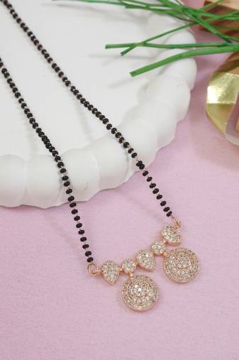 Rose gold plated traditional single line american diamond pendant with black bead chain mangalsutra for women 