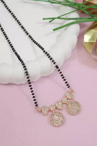 Rose gold plated traditional single line american diamond pendant with black bead chain mangalsutra for women (d105)
