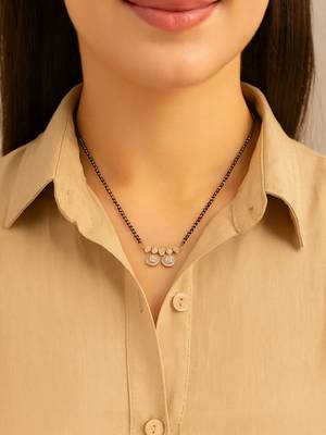 Rose gold plated traditional single line american diamond pendant with black bead chain mangalsutra for women  2