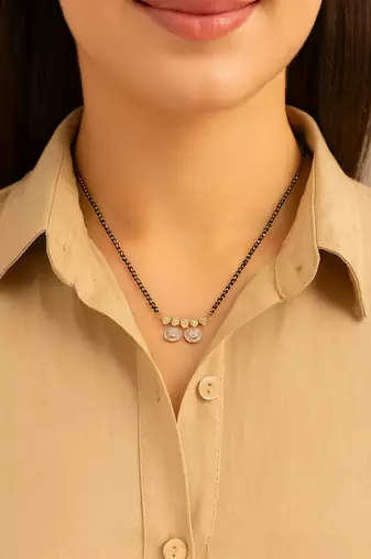 Rose gold plated traditional single line american diamond pendant with black bead chain mangalsutra for women 