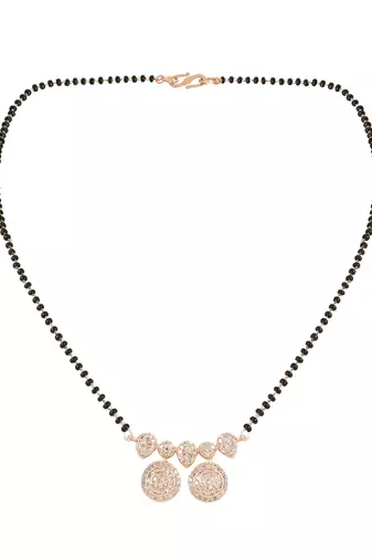 Rose gold plated traditional single line american diamond pendant with black bead chain mangalsutra for women 